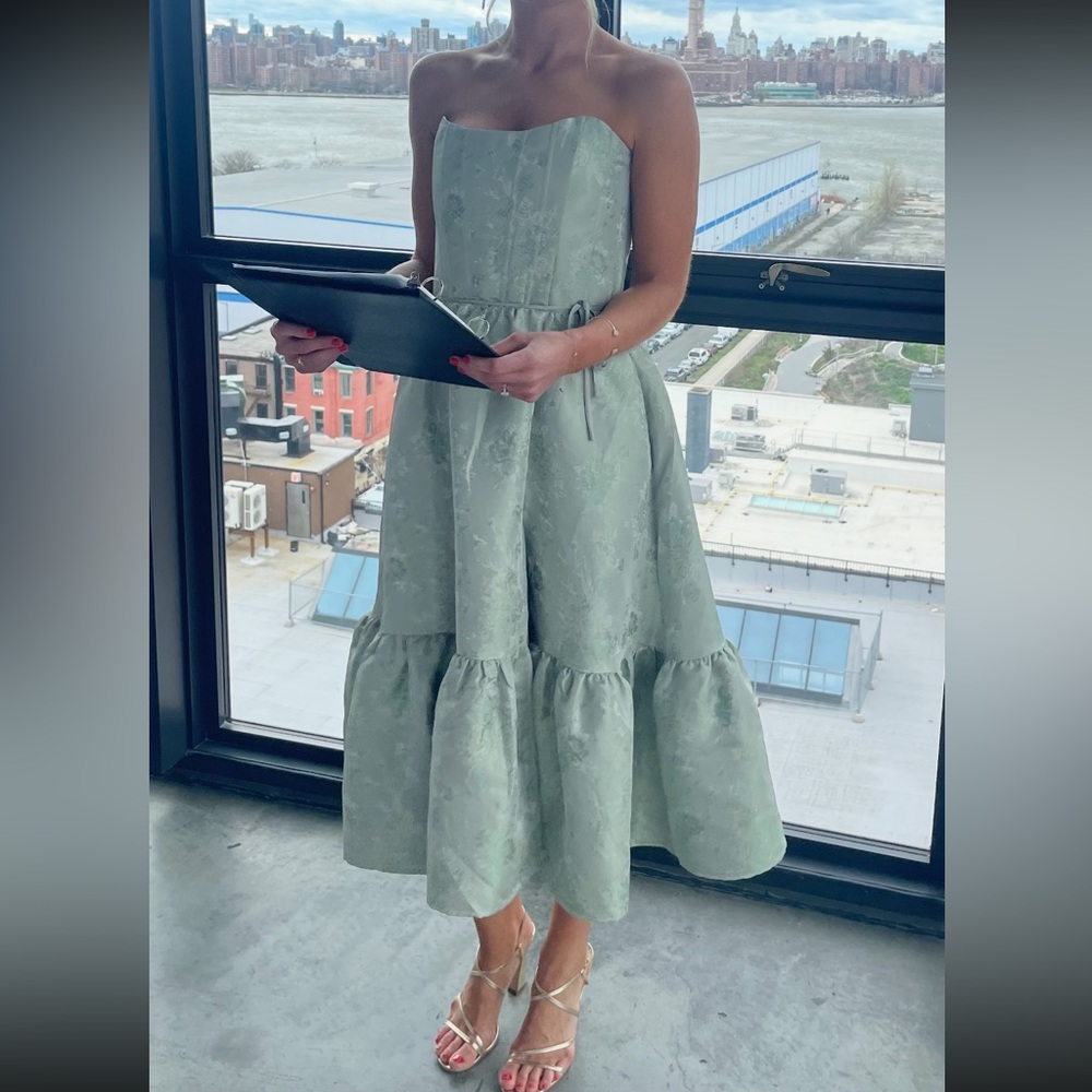 V. Chapman Sage Green Floral Corset Midi Dress - Strapless with leg slit.